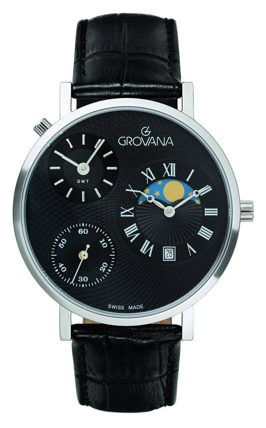 GROVANA Uhr Kensington Steel Leather Black 42mm Herren 1711,1537