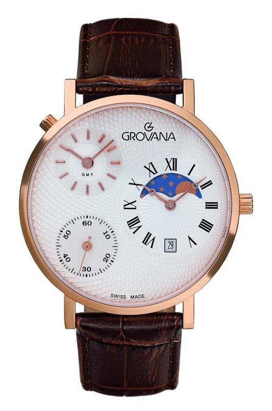 GROVANA Uhr Kensington Rose Leather Silver 42mm Herren 1711,1562