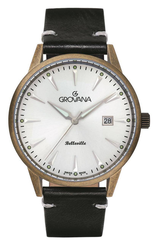 GROVANA Uhr Belleville Vintage Leather Silver index 41.5mm Herren 1765,1582