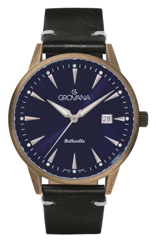 GROVANA Uhr Belleville Vintage Leather Blue index 41.5mm Herren 1765,1585