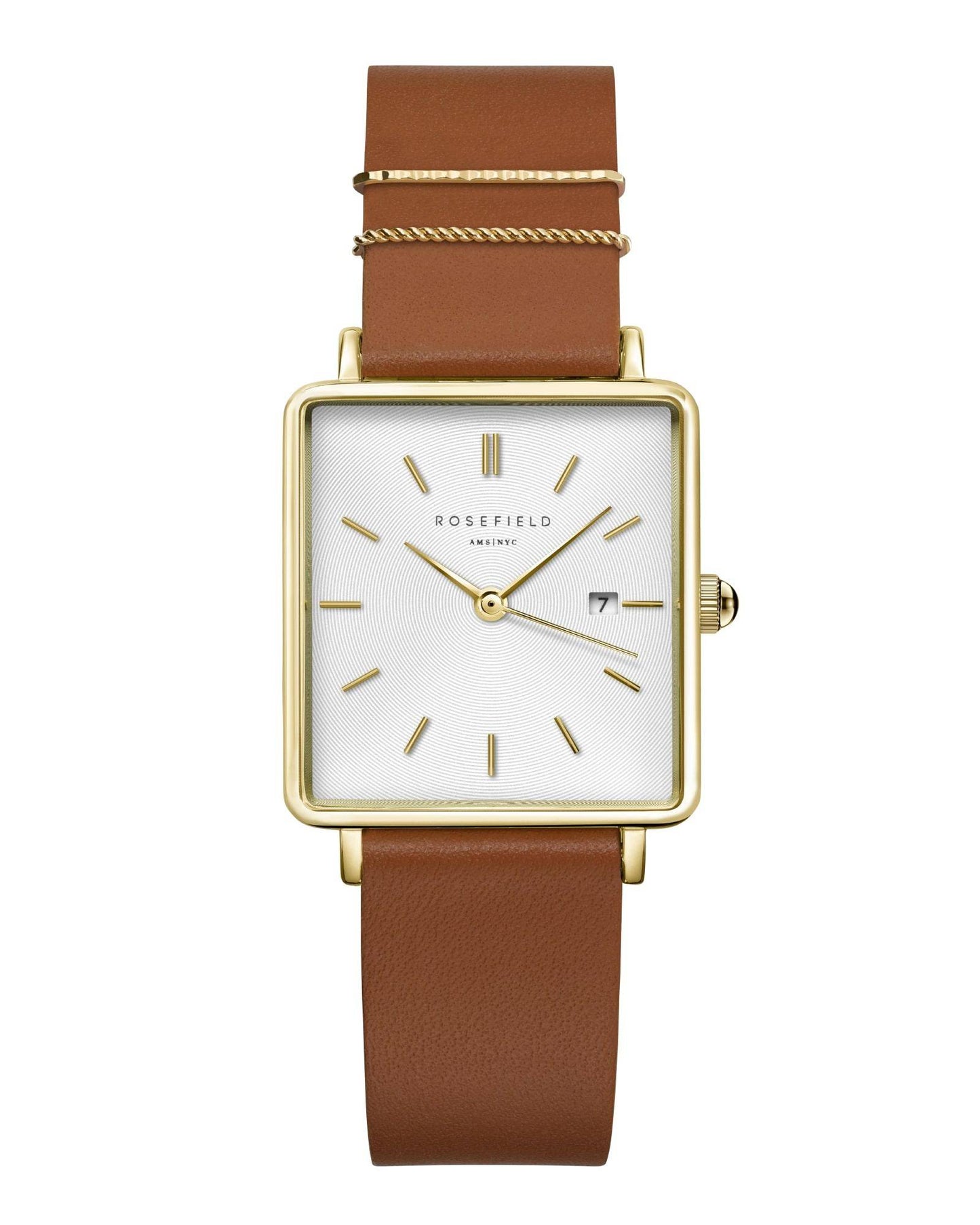 ROSEFIELD Women's Watch The Boxy White Sunray Cognac Gold QSCG-Q029