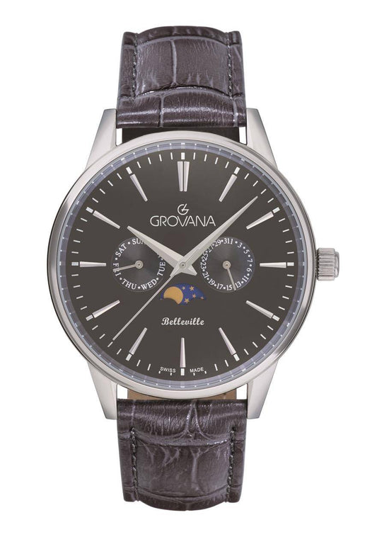 GROVANA watch Belleville leather anthracite moon phase index 41.5mm 1766,1537